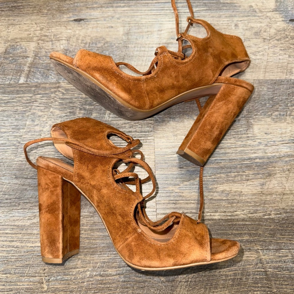 Steve Madden Aryah Cognac Brown Suede Lace Up Block Heel Sandals Womens 9M